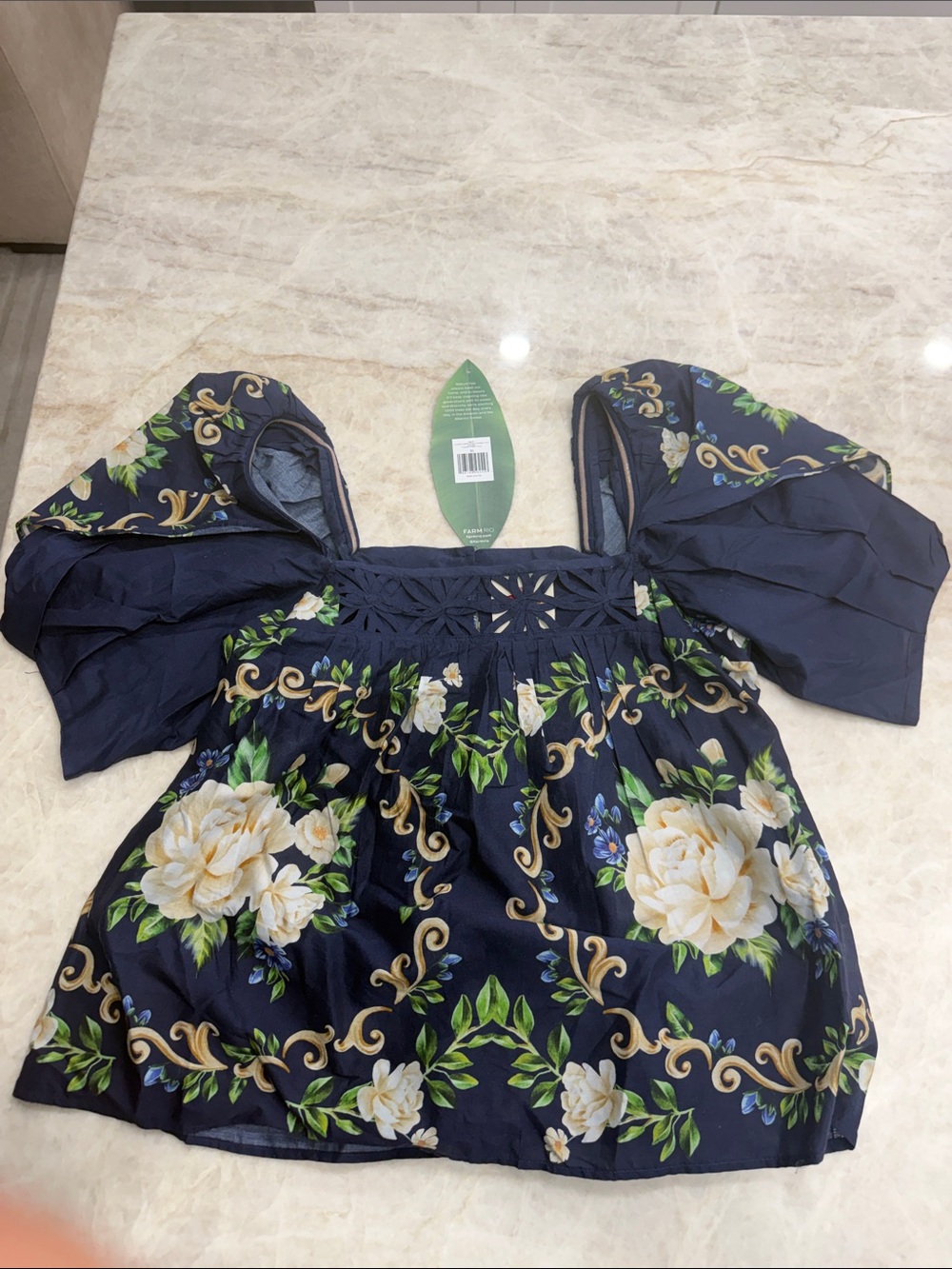 FARM Rio Navy Floral Puff-Sleeve Blouse xs